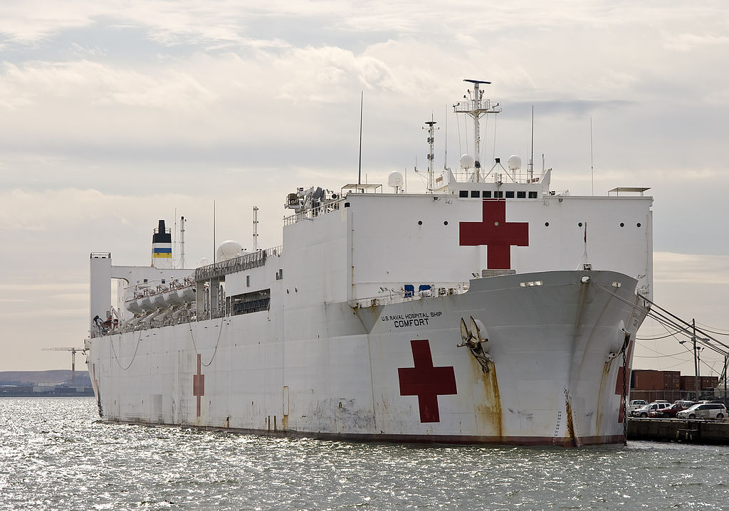 Photograph of the USNS Comfort hospital ship in Baltimore's Port.