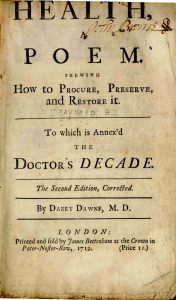 Photograph of the title page of Health: A Poem by Dr. Edward Baynard