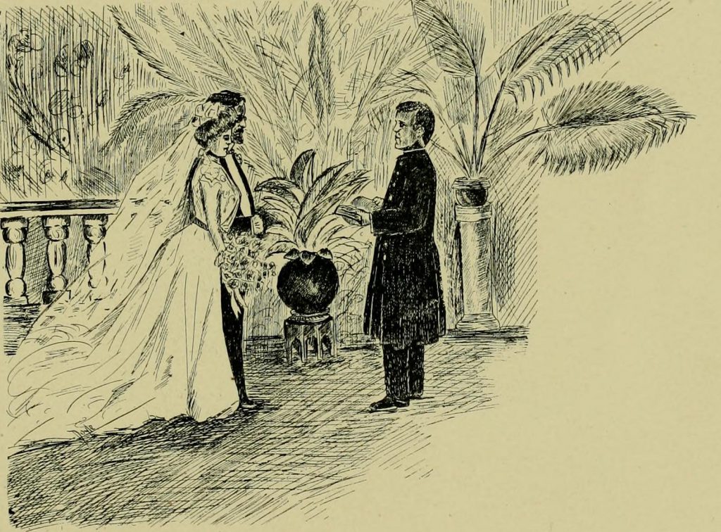 Sketch of a bride and groom in the midst of their marriage ceremony.