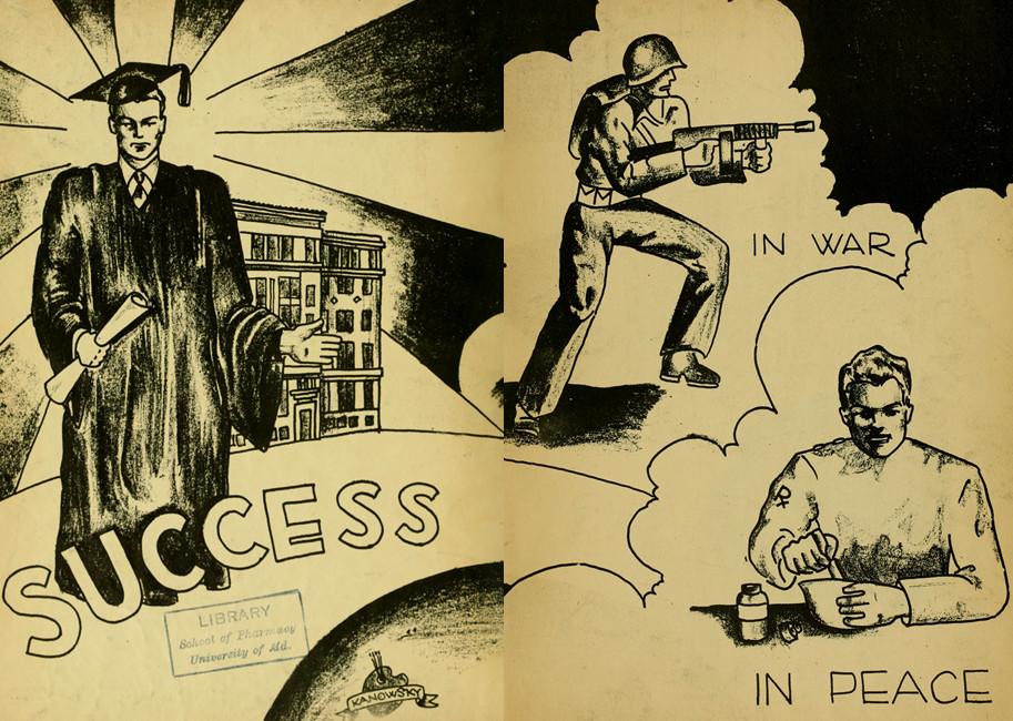 Drawing from the end sheets of the School of Pharmacy's Yearbook for 1944.  The drawing depicts a pharmacy graduate in cap and gown on the left and the right shows two directions for that pharmacist to go.  One in war, the other on the homefront. 