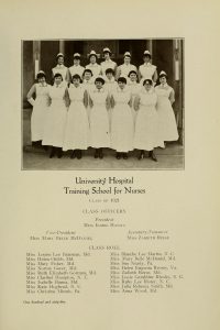 Black and white photograph of 18 nurses posed on stairs.