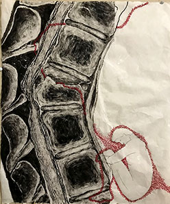 image of a spine with an inked figure with red embroidery, done on mulberry paper