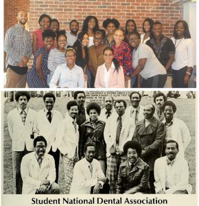 Collage of two images, top image is in color, a group of students from 2020, the bottom image is in black and white, a group of students from 1975