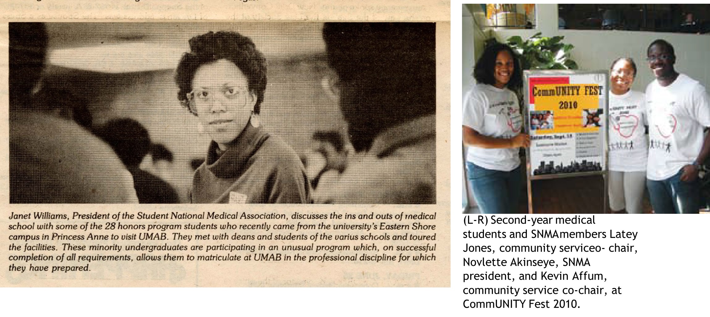 Two newspaper clippings, one on left in black and white, photograph of woman looking at camera; image on right in color, group of students standing around a poster