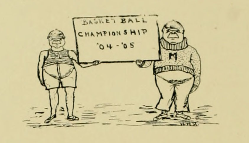 Handdrawn image of two men holding a sign that says Basket Ball Championship 04-05