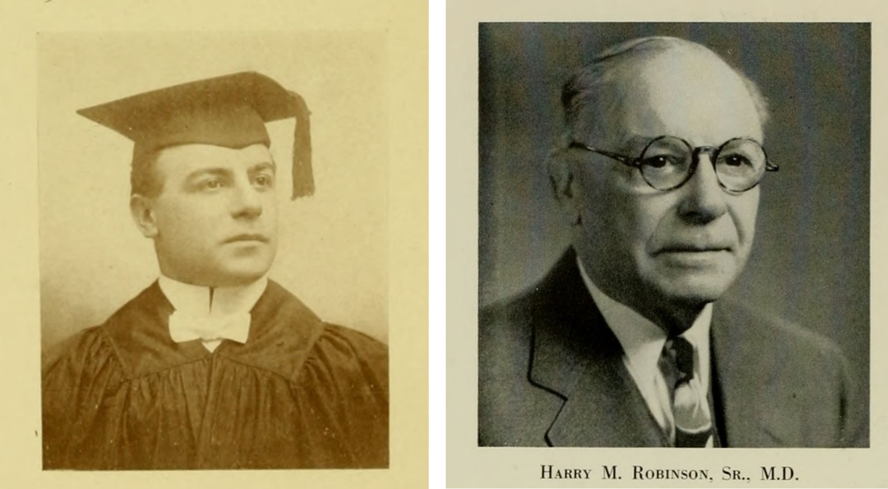 Two photographs, left photograph is a young man in a cap and gown, right photograph is an older man wearing a suit and tie and glasses.
