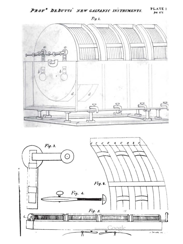 Black and white drawing of Prof. DeButts' New Galvanic Instruments