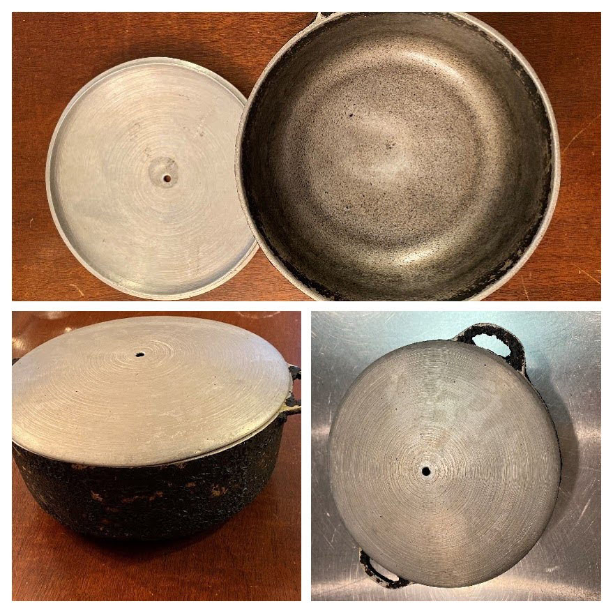Collage of photographs: top image, a steel pot sits on a wooden table, the lid is off the pot, photographed from the top; bottom left, same metal pot with lid on it photographed from the side; bottom right, same pot from top with lid on it, in this image you can see the two handles. 