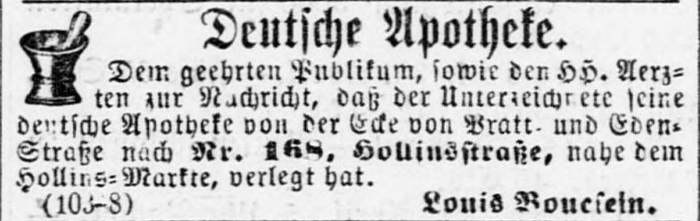 Black and White Newspaper Clipping of an ad in German for Louis Boucsein's pharmacy