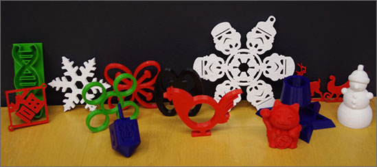 Photo of 3D printed holiday ornaments and other gift items.