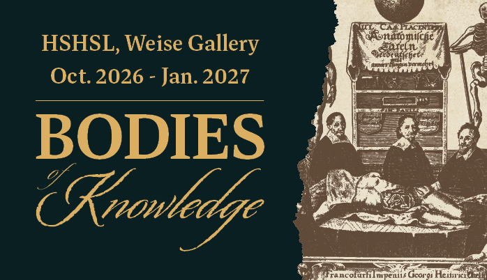 Exhibition graphic for “Bodies Knowledge,” featuring gold text on a dark teal background beside a sepia historical anatomical engraving.