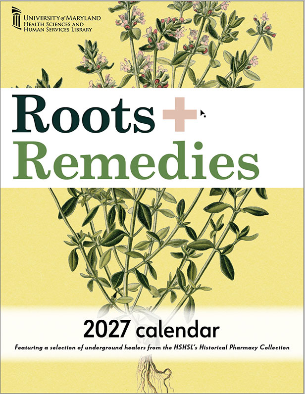 Cover of the 2027 'Roots + Remedies' calendar, featuring illustrated medicinal plants and roots on a yellow background.