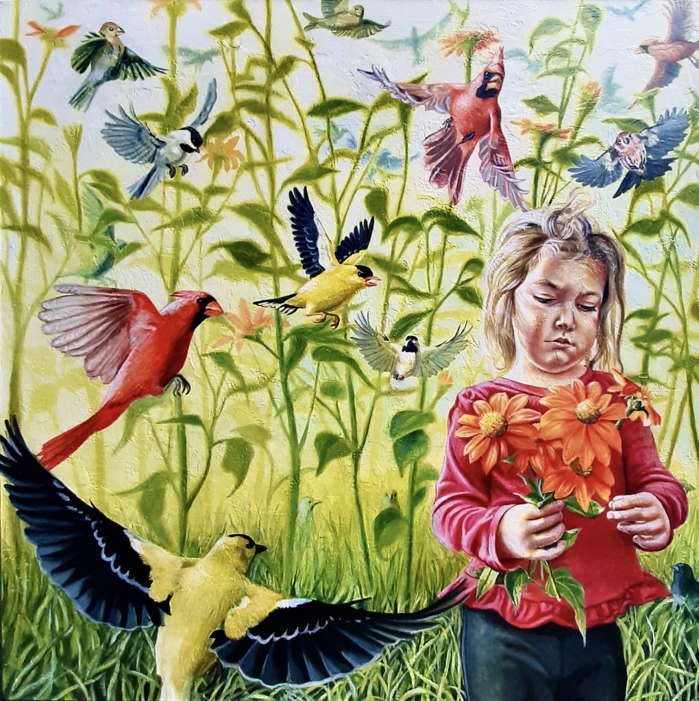 Bridget Cimino painting of girl with flowers and birds.