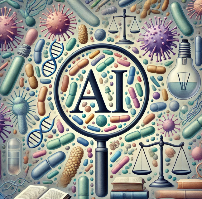 Image created by ChatGPT 4.0, 2024. Generated using the prompt “create an image of a magnifying glass with the word AI in the glass, make the background a muted but colorful image of bacilli, lightbulbs, books, and scales of justice.”