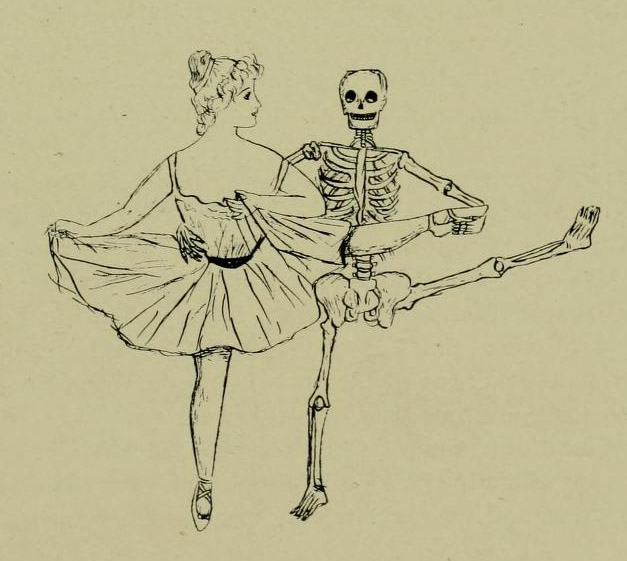 Hand-drawn image of a skeleton dancing with a ballerina