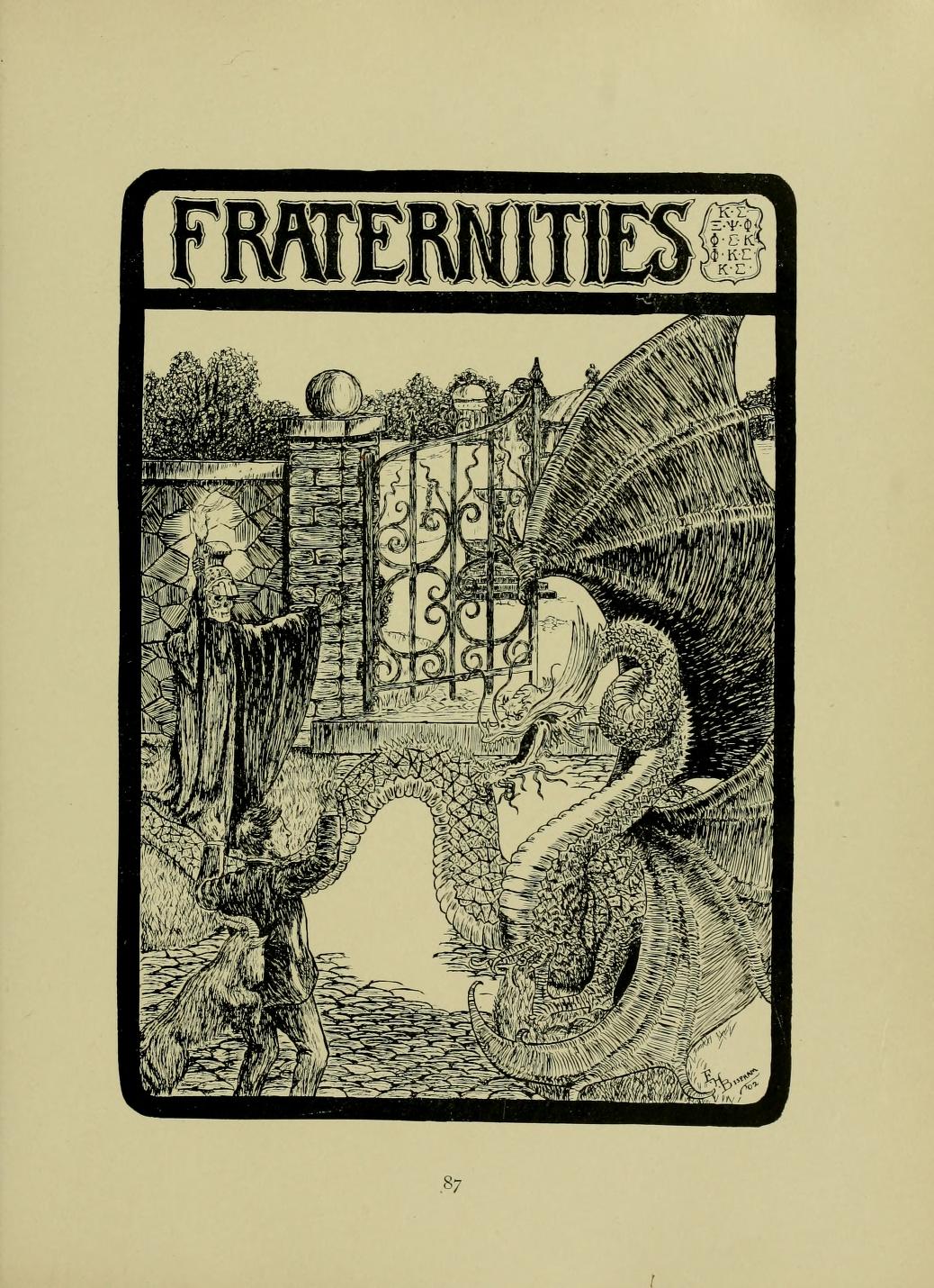 Hand-drawn image of a gate with a skeleton, dragon, and man standing in front of it.