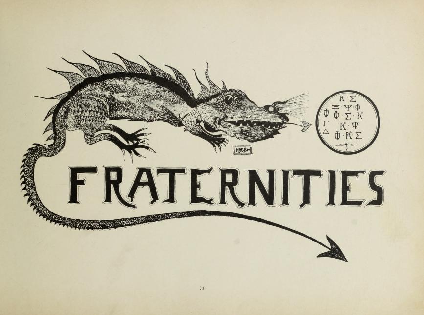 Hand-drawn image of a dragon, with "Fraternities" under the body.