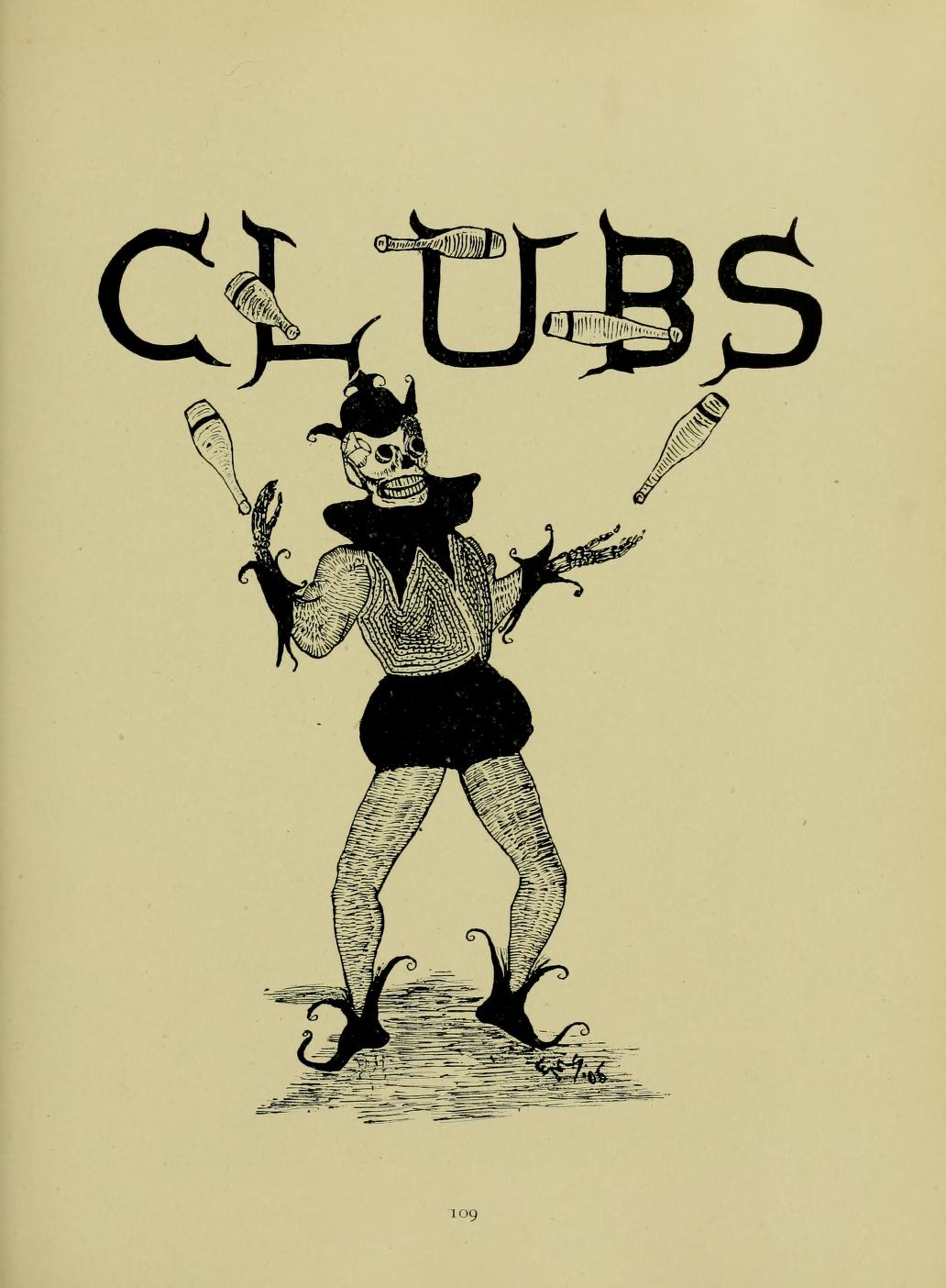 Hand-drawn image of a skeleton dressed as a jester juggling clubs, above the jester is the word "clubs"