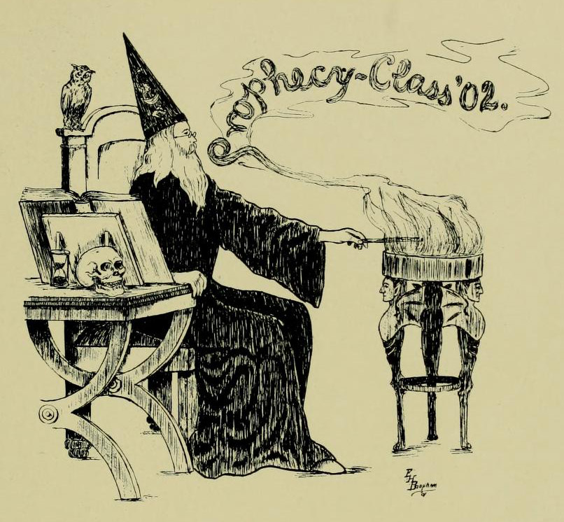 Hand-drawn image of a wizard sitting in a chair, next to him is a table with an opened book and a skull. In front of him is a fire, the smoke is forming the words "prophecy class '02".