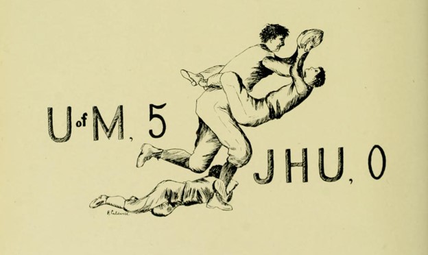 Hand-drawn image of three men, one man has his arms wrapped around the legs of a second man who is carrying a football, with a third man's legs wrapped around his waist.