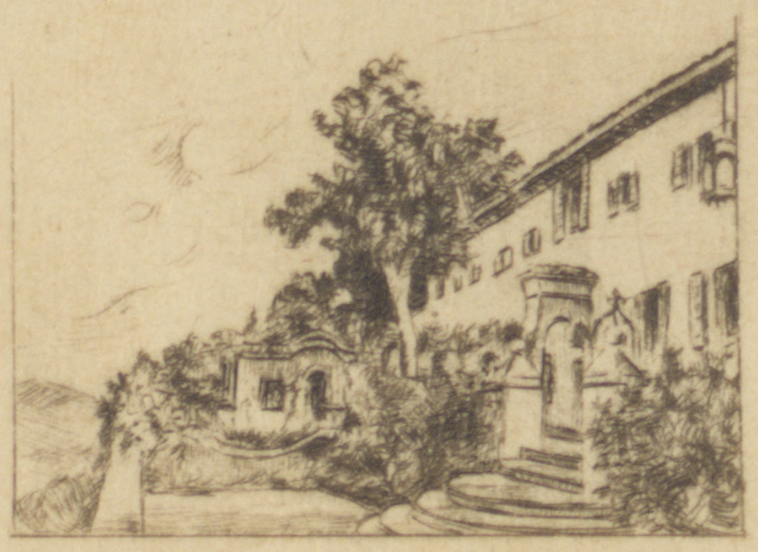 Etching of a building with a wall and tree in front. 