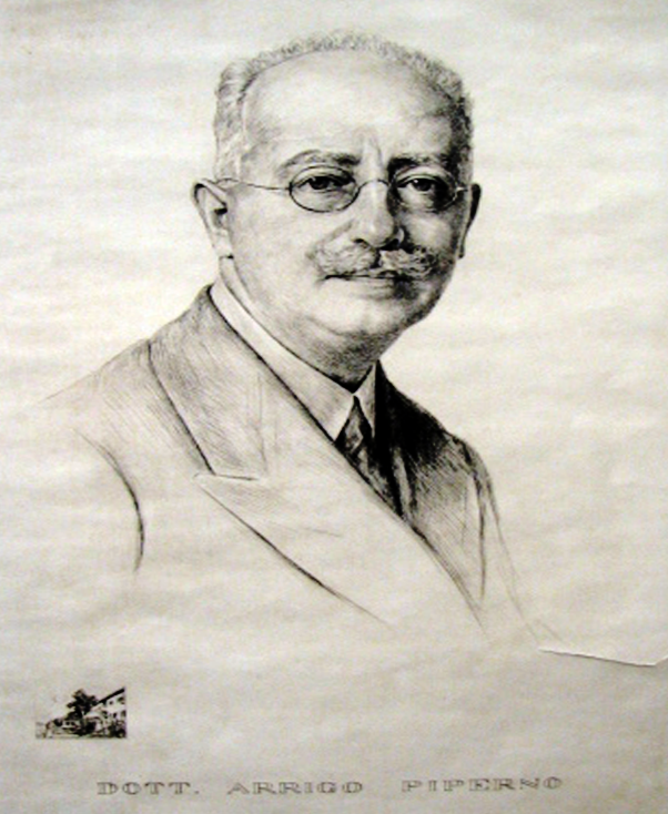 Black and white portrait of a man with short hair, glasses, a mustache, wearing a suit jacket and tie. In lower left corner is a small image of a house with a tree in front.