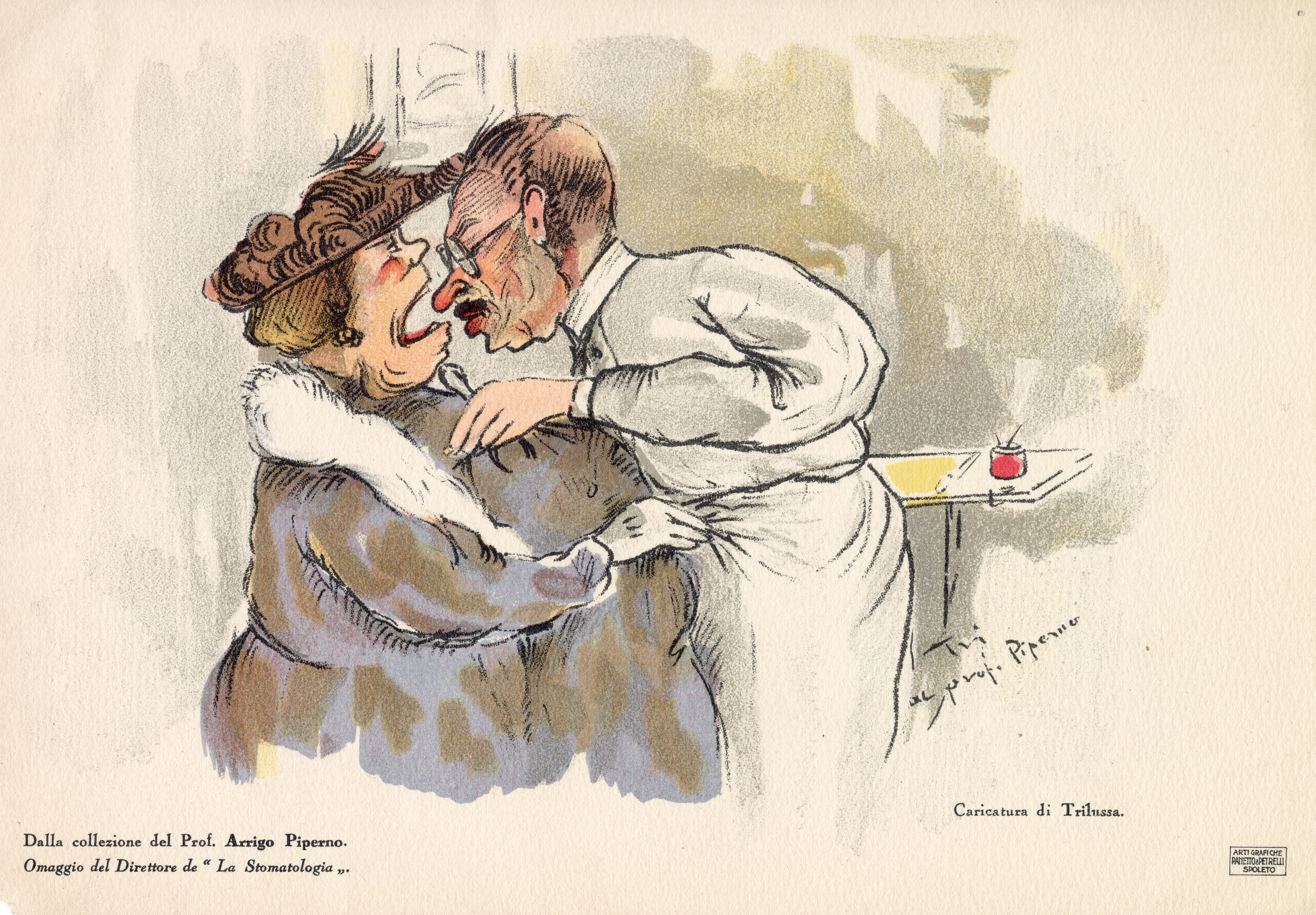 Caricature of a dentist examining a woman. The dentist has his nose in the woman's mouth and the woman is grabbing at the dentists apron.