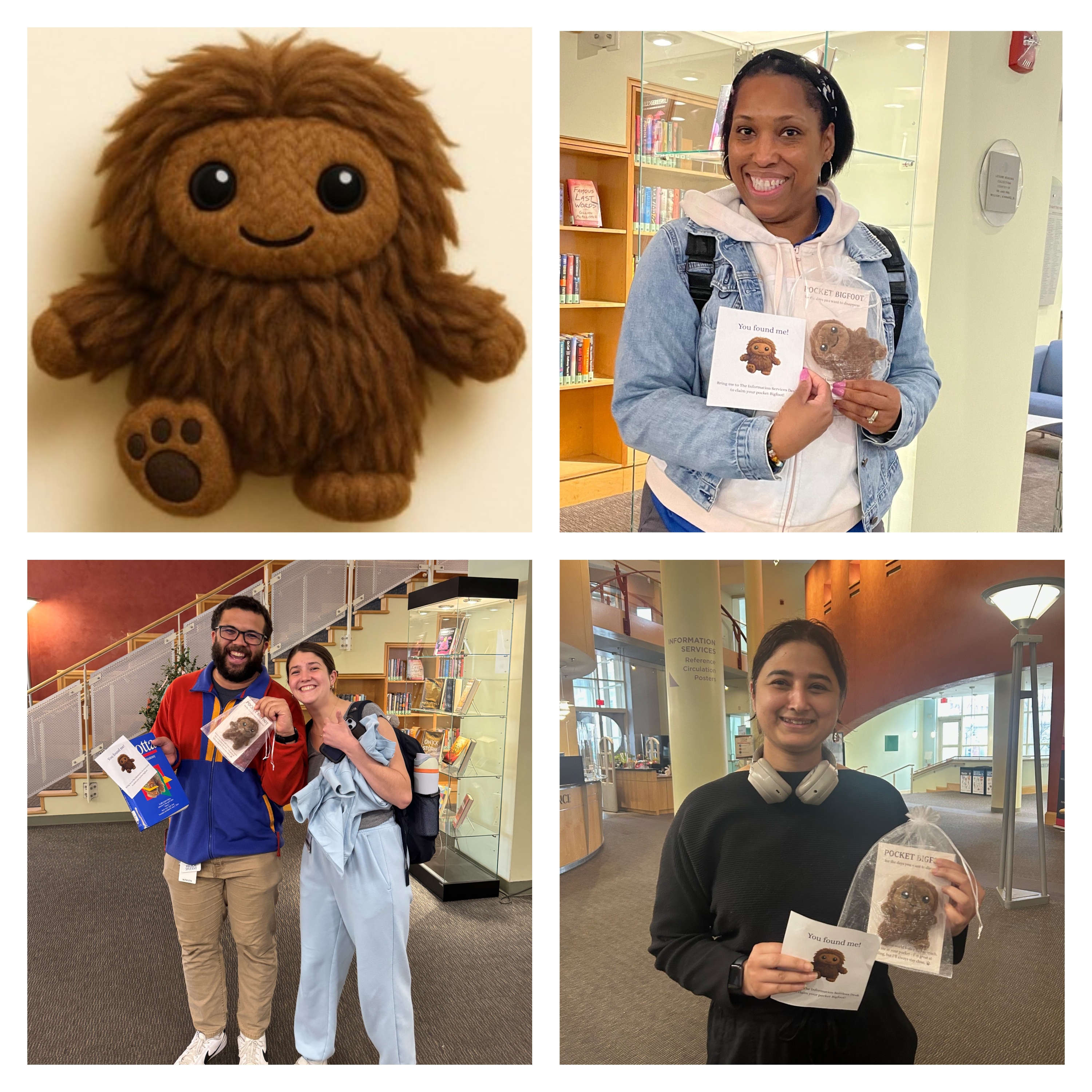 Collage of bigfoot plushie doll and the three hunt winners.