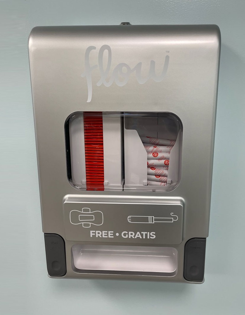 Flow vending machine found in HSHSL's first and fifth floor women's restrooms with free period products.