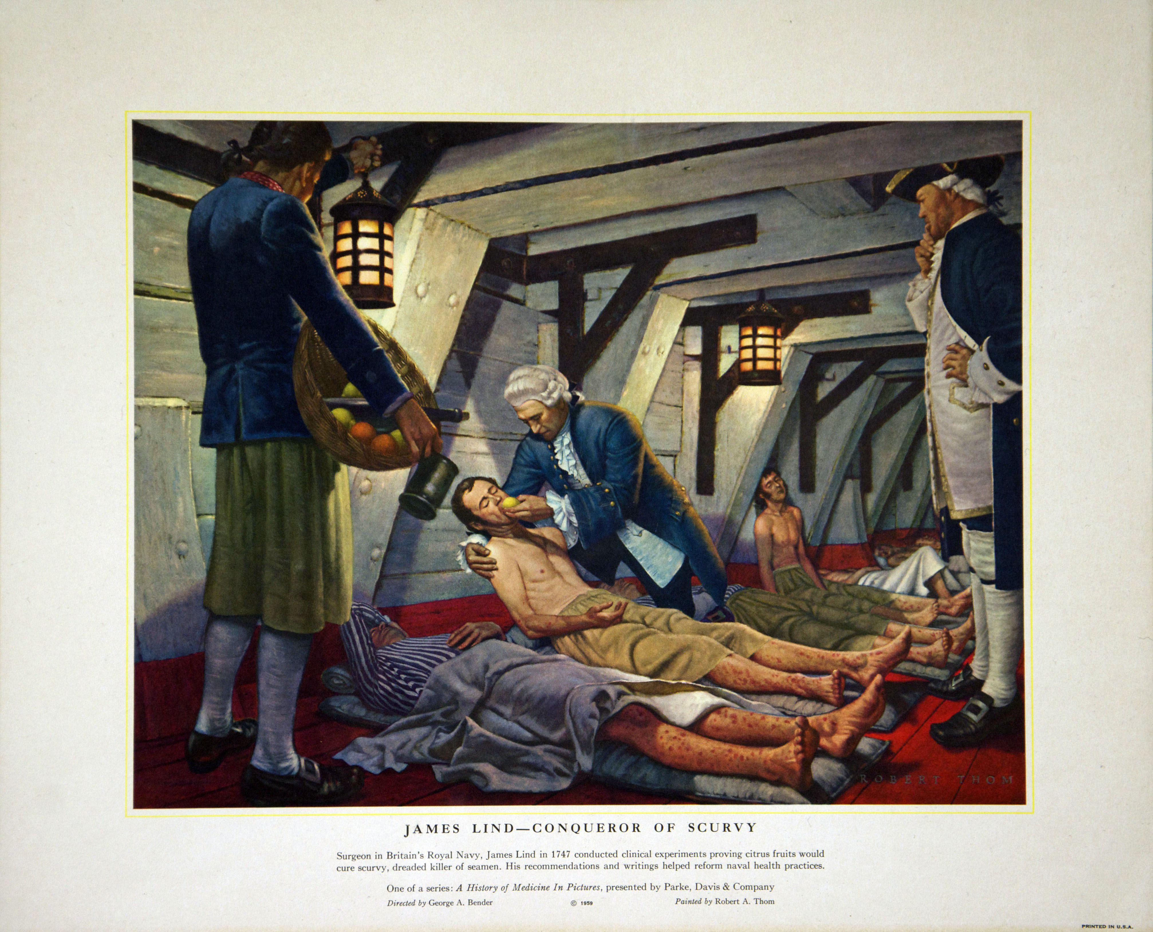 A historical painting depicts a scene inside a ship's lower deck where several sick or injured men lie on the floor, attended by a man in colonial-era clothing administering care. The setting features wooden beams, lanterns hanging from the ceiling, and individuals dressed in 18th-century attire, highlighting maritime medical treatment during that period.

Robert Alan - Parke, Davis & Company, CC BY-SA 4.0 via Wikimedia Commons