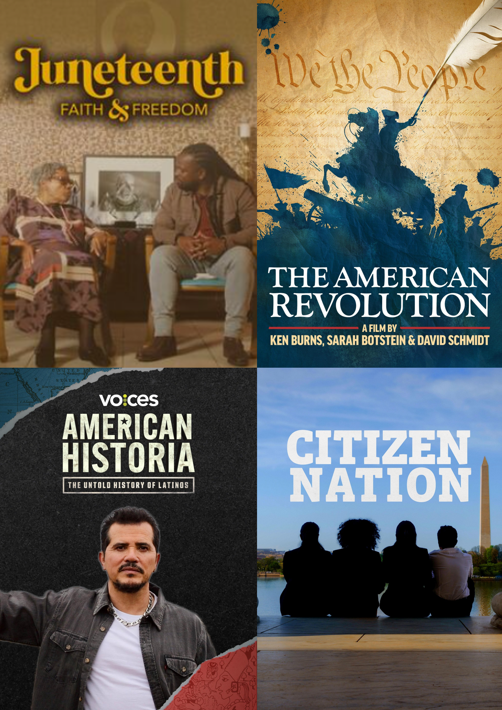 Selection of film thumbnail images from the AVON database: Juneteenth: Faith & Freedom; The American Revolution: Voices: American Historia; and Citizen Nation.