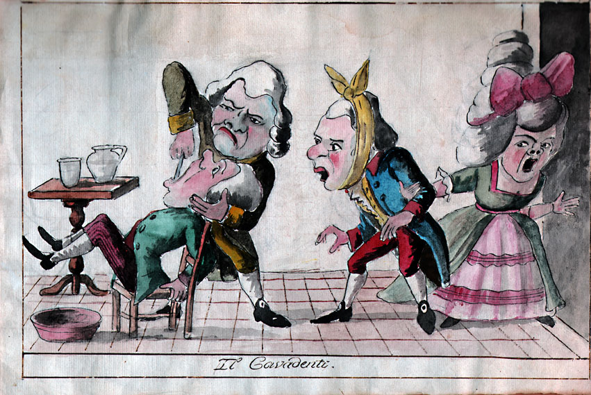 Watercolor illustration depicting a humorous scene of two men in 18th-century attire engaged in a duel with oversized scissors, while a woman in period dress with a large pink bow reacts dramatically. The scene includes a small table with glassware and a basin on a tiled floor, highlighting exaggerated facial expressions and theatrical poses.