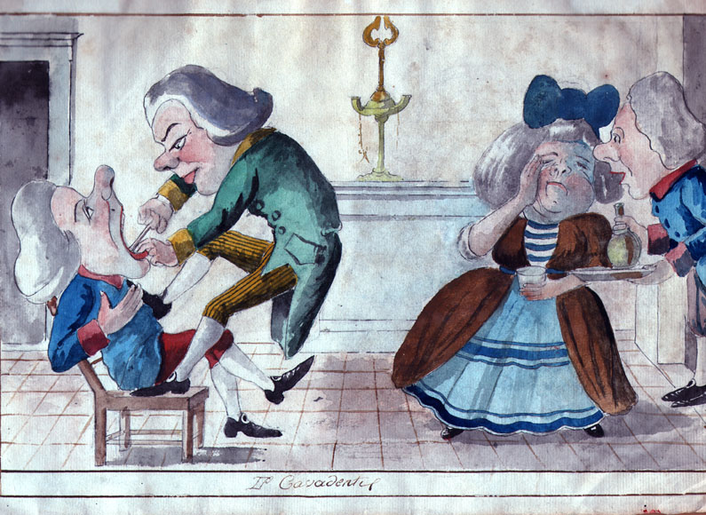Watercolor painting depicting a medical scene where a man in 18th-century attire performs dental surgery on a seated patient. Two onlookers, a woman wiping tears and a man holding a bottle, stand nearby in a room with tiled floor and a wall-mounted candle holder.