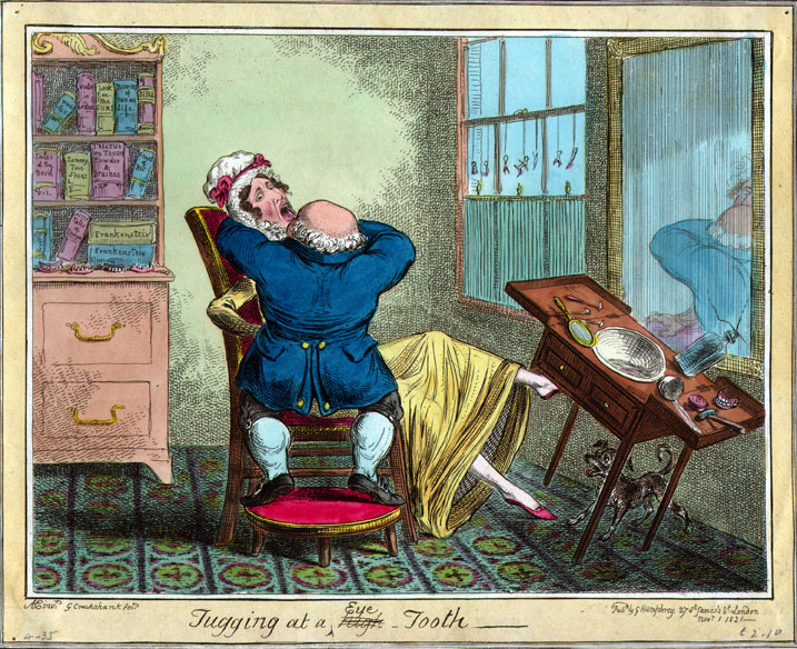 A colored satirical illustration depicts a man sitting on a chair with his head resting on a woman's lap, who is pulling a tooth from his mouth. The scene includes a tilted table with dental tools, a bookshelf with labeled books, and a window showing a reflection, highlighting a humorous take on dental pain and treatment.