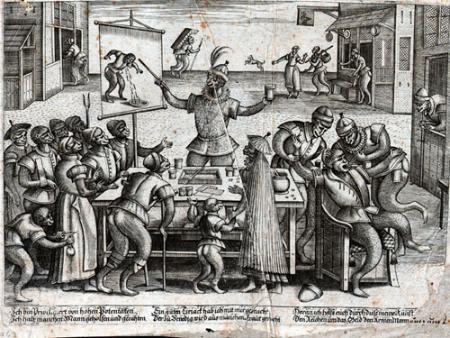 A detailed black-and-white engraving depicts a lively medieval scene with a central armored figure gesturing toward a board, surrounded by a diverse group of people engaged in various activities. The setting includes architectural elements, a table with objects, and interactions suggesting a marketplace or public gathering, highlighting social dynamics and period attire.