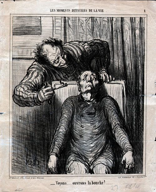 Black-and-white illustration on a printed page showing two figures in a clinical interior. One figure reclines in a straight-backed chair with arms resting at the sides, head tilted back, and mouth open. A second figure stands behind the chair, leaning forward and holding a small dental instrument near the open mouth. Curtains or drapery form the background. Printed text appears above and below the image, including the French title “Les moments difficiles de la vie” at the top and a caption below reading “Voyons… ouvrons la bouche!…”.