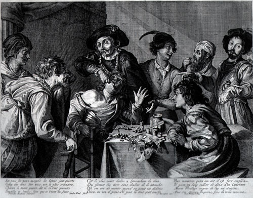 Black-and-white engraved illustration showing a crowded interior scene focused around a table. One seated figure leans backward in a chair while another standing figure grips the seated figure’s head and inserts a tool into the open mouth, suggesting a dental procedure. Several additional figures stand or sit closely around the table, observing or holding small objects and instruments. The table is cluttered with containers, tools, and cloths. Architectural elements such as a wall and doorway frame the background. A block of printed text runs along the bottom margin of the image.