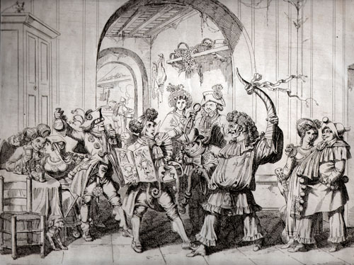 Detailed black-and-white illustration depicting a crowded interior scene beneath an arched ceiling. Multiple figures in period clothing gather closely around a central figure holding an open book or illustrated sheet, while others gesture with raised arms or hold small tools and objects. The setting appears to be a room or hallway with architectural details such as columns, doorways, and a hanging light fixture. Figures fill both the foreground and background, creating a sense of movement and visual complexity, with overlapping bodies, varied postures, and strong line work emphasizing texture and depth.