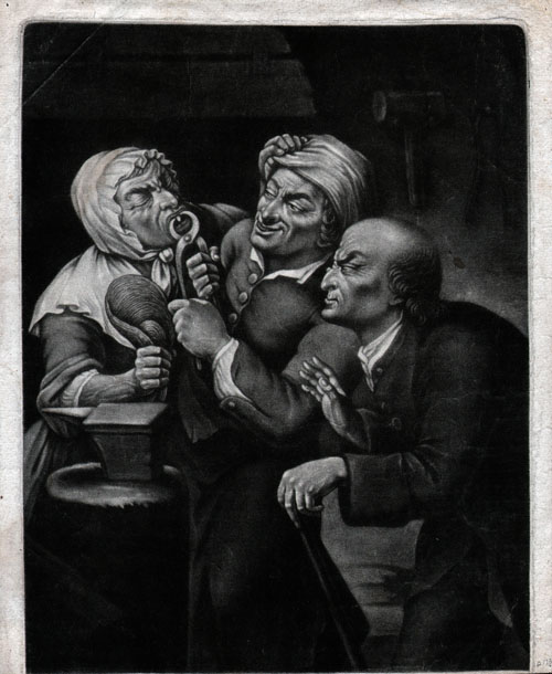 Black-and-white illustration of three figures gathered around a seated person as one figure holds the seated person’s head back and forces a tool into the open mouth, suggesting a dental procedure. Another figure leans in closely while holding a small object. The scene appears indoors with a dark, minimal background, and the figures are tightly grouped in a dramatic composition with strong contrasts of light and shadow.