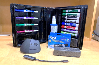 Dry erase markers, eraser, cordless mouse, and USBC to HDMI cable available for check out at the HSHSL