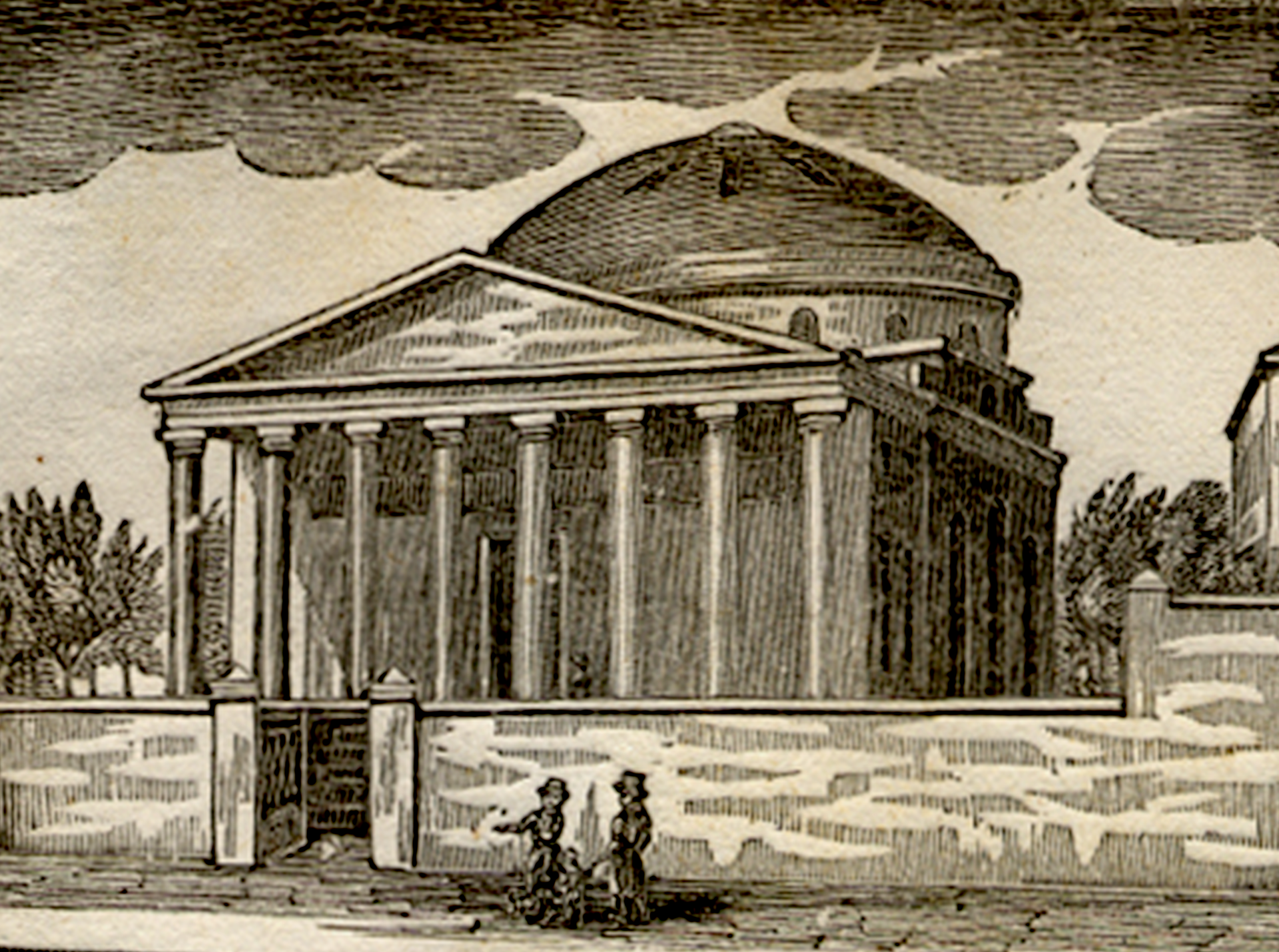 Sepia engraving of a large domed classical building with a columned portico, landscaped grounds, and two figures in the foreground.
