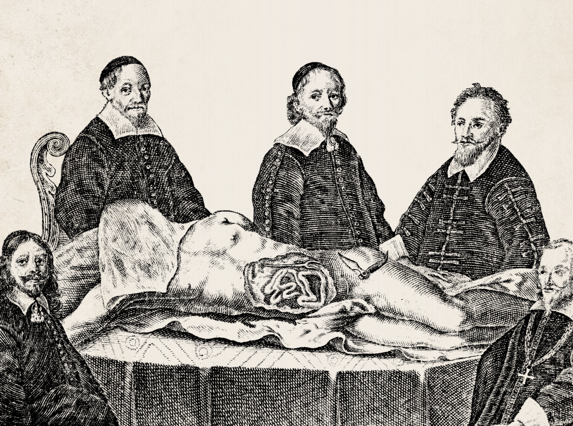 Black-and-white engraving of bearded men in seventeenth-century clothing gathered around a table with an open body and knife.