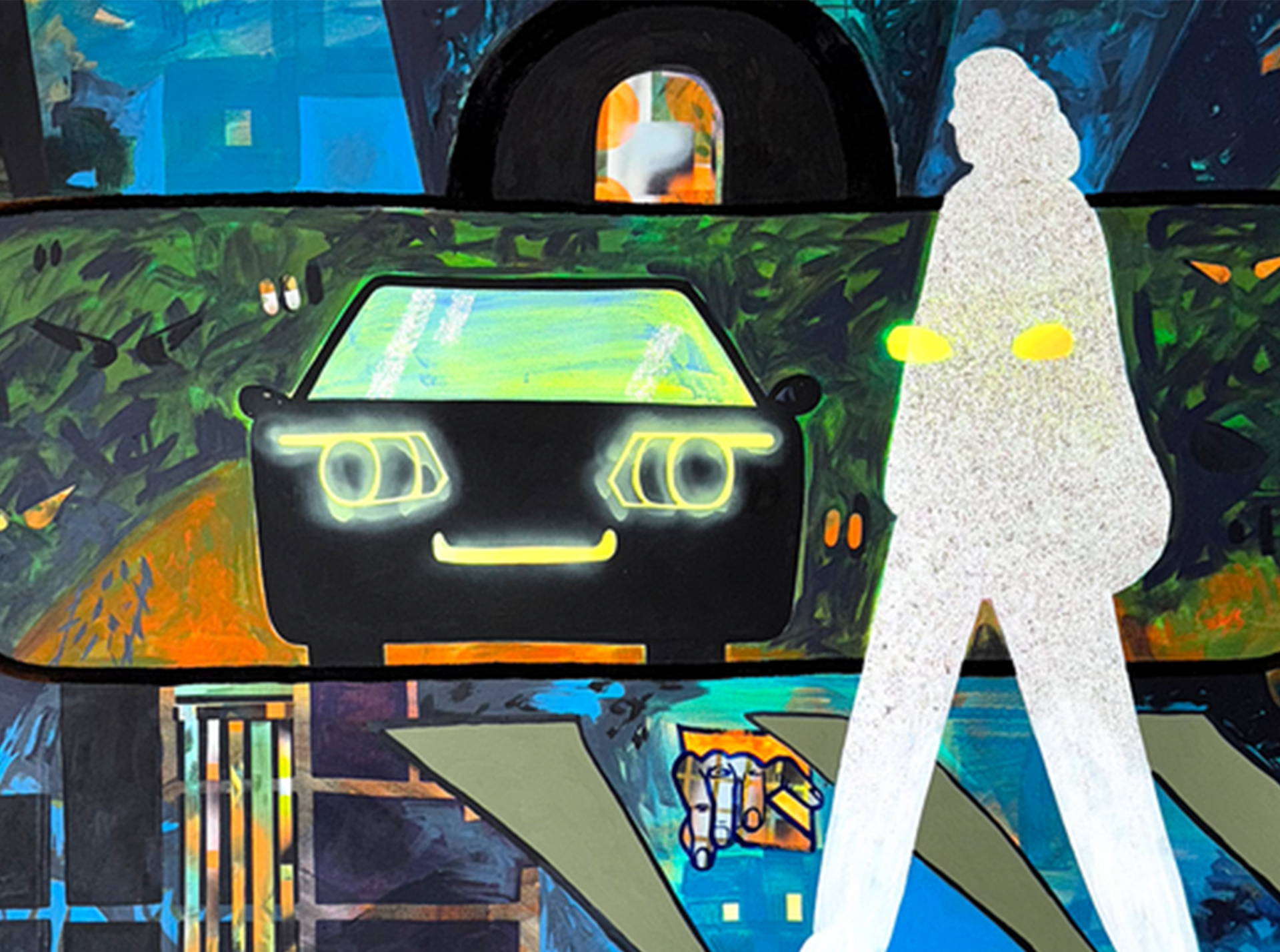 A vibrant urban scene shows a cartoonish black car with glowing headlights and a semi-transparent figure crossing a striped road against a colorful backdrop.